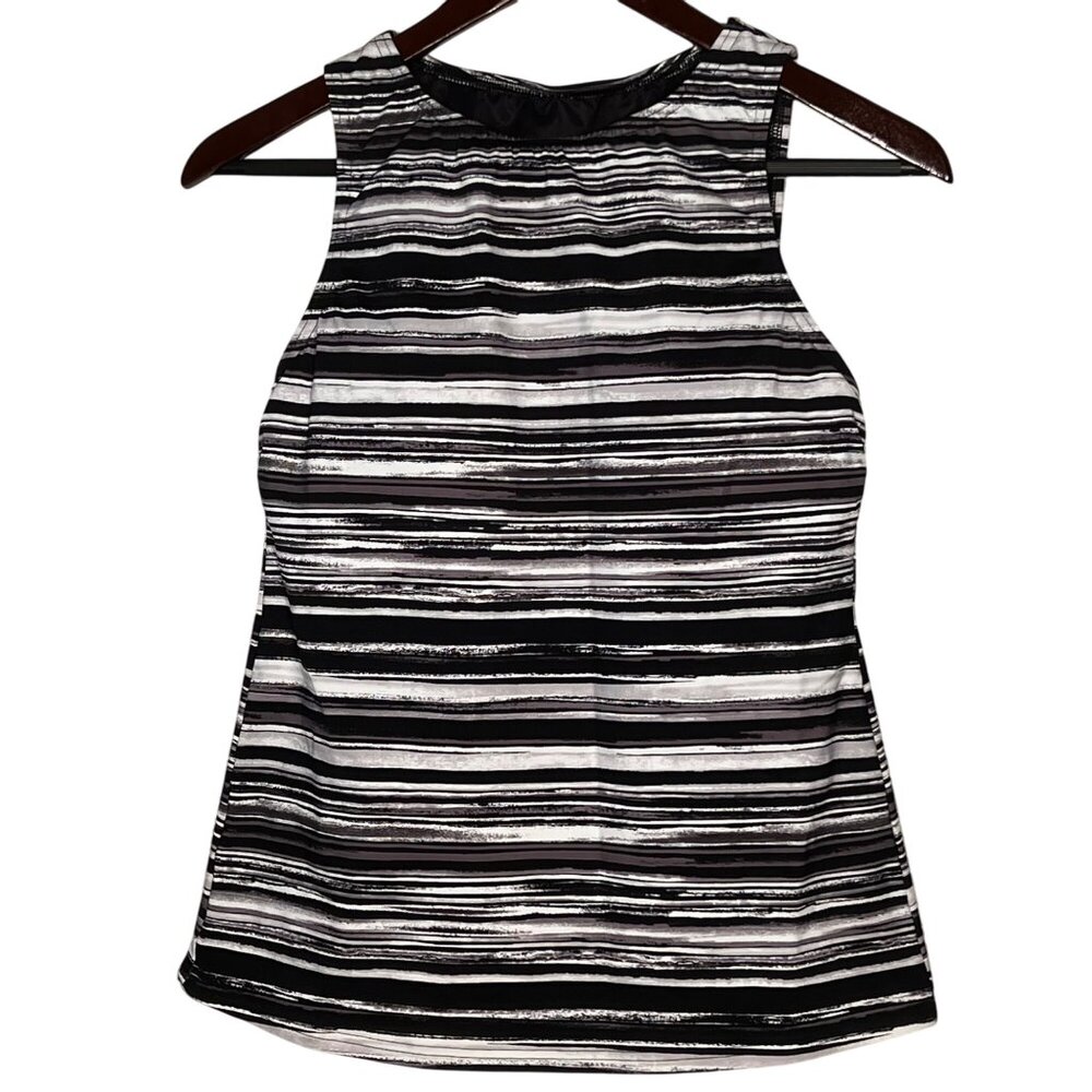 Lands End Womens Black & White Striped High-Neck Tankini Swim Top Size 8 Nylon/S